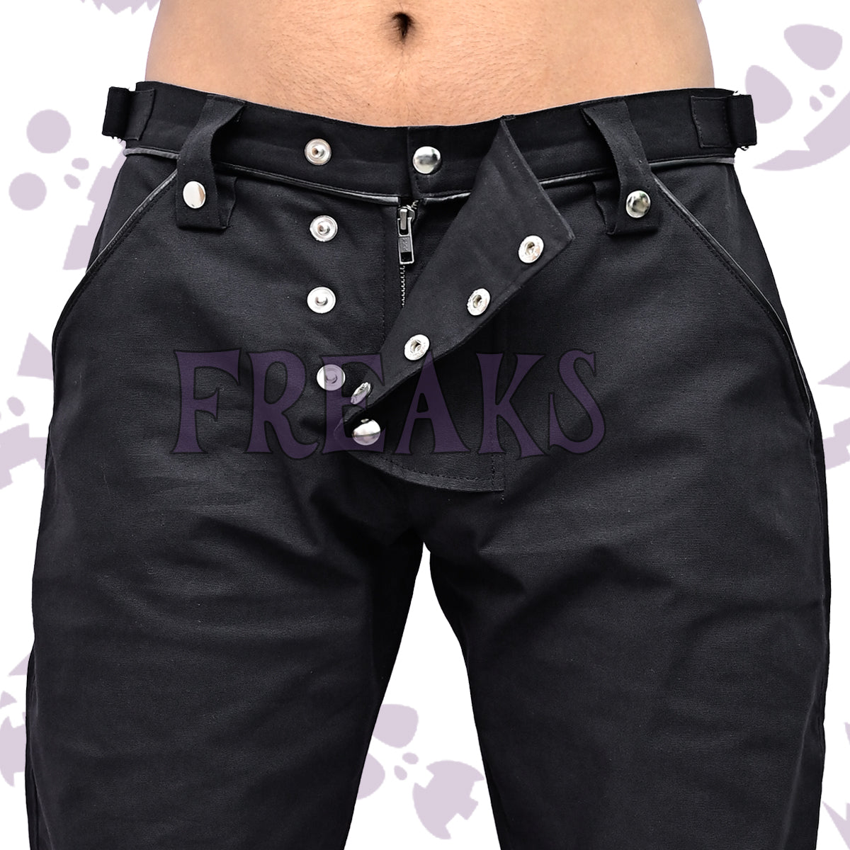 Close-up of silver button fly on gothic slim fit pants