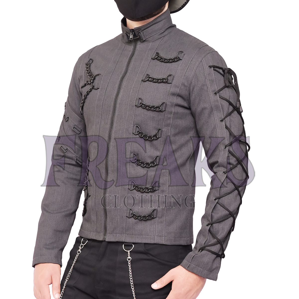 Men's gothic alternative jacket: grey, with heavy chain details and intricate sleeve lacing