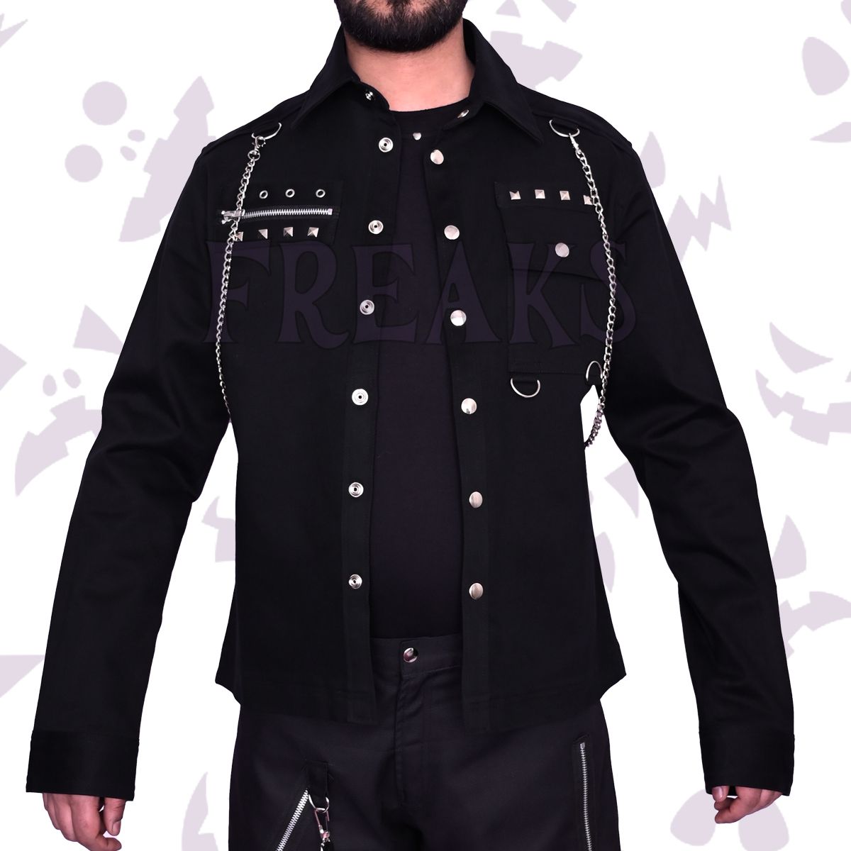 Men's Gothic Button Up Punk Shirt - Long Sleeve Chains & Studs Freaks Clothing Shop Men's Gothic Button Up Punk Shirt - Long Sleeve Chains & Studs Freaks Clothing Shop