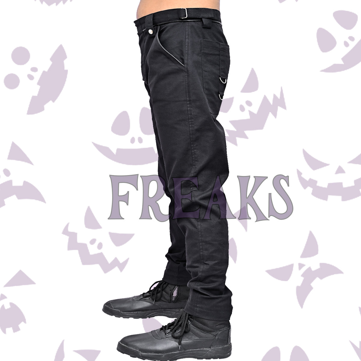 Side view of men's gothic slim fit pants with D-rings