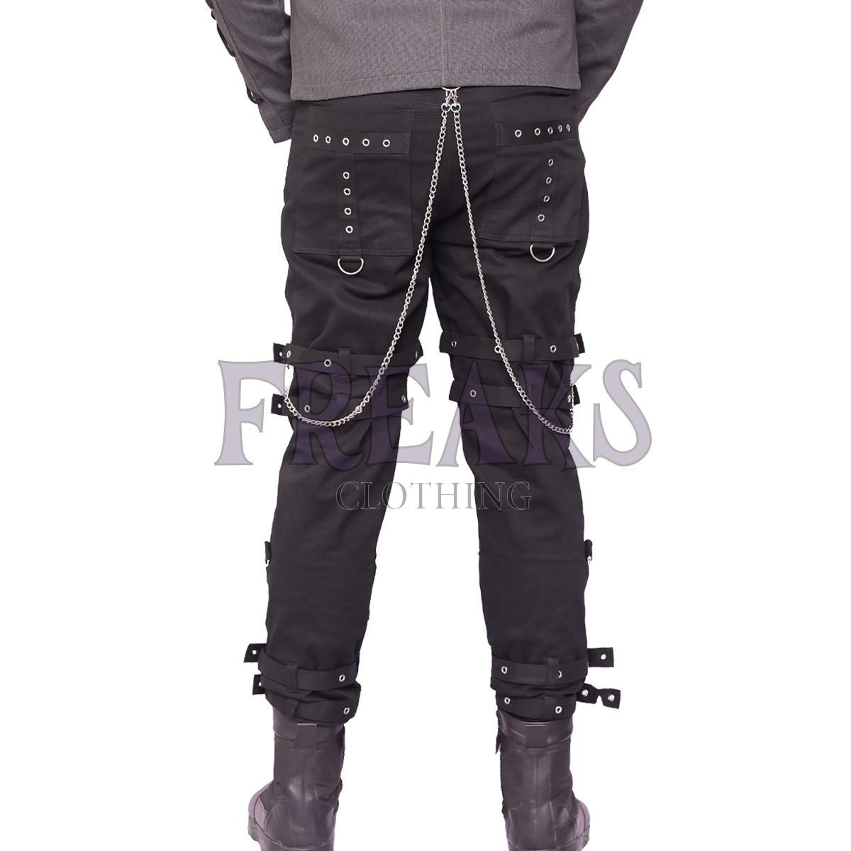 Back view of Men's black gothic pants with cross-knee straps and side lace-up detailing.