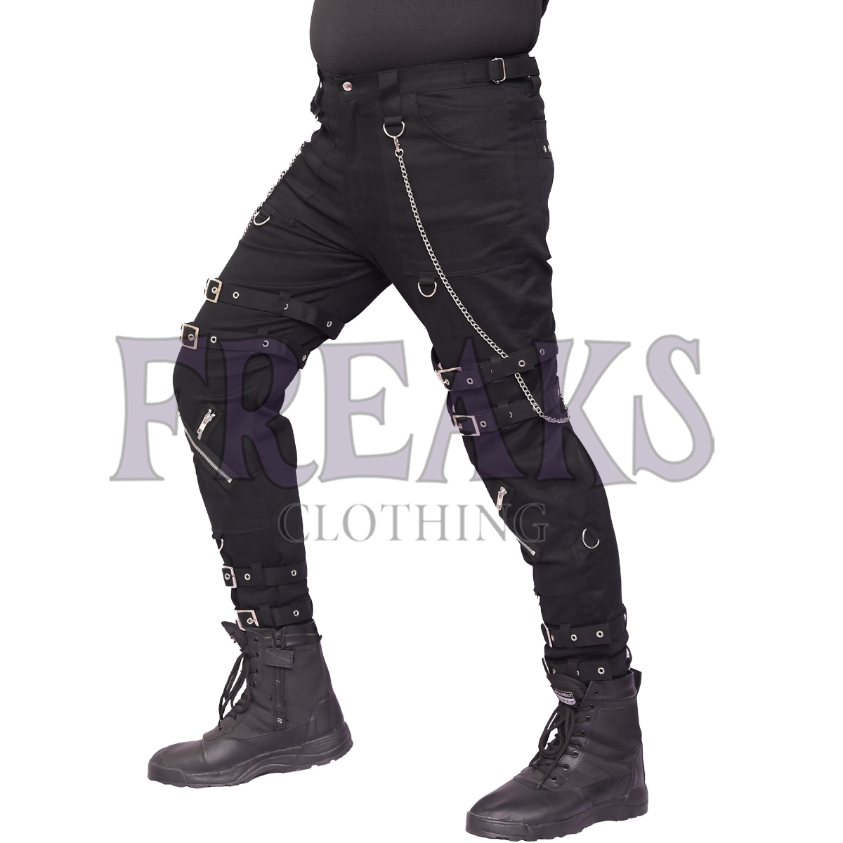 Men's all-black gothic pants with cross-knee straps and side lace-up detailing.