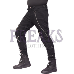 Men's all-black gothic pants with cross-knee straps and side lace-up detailing.