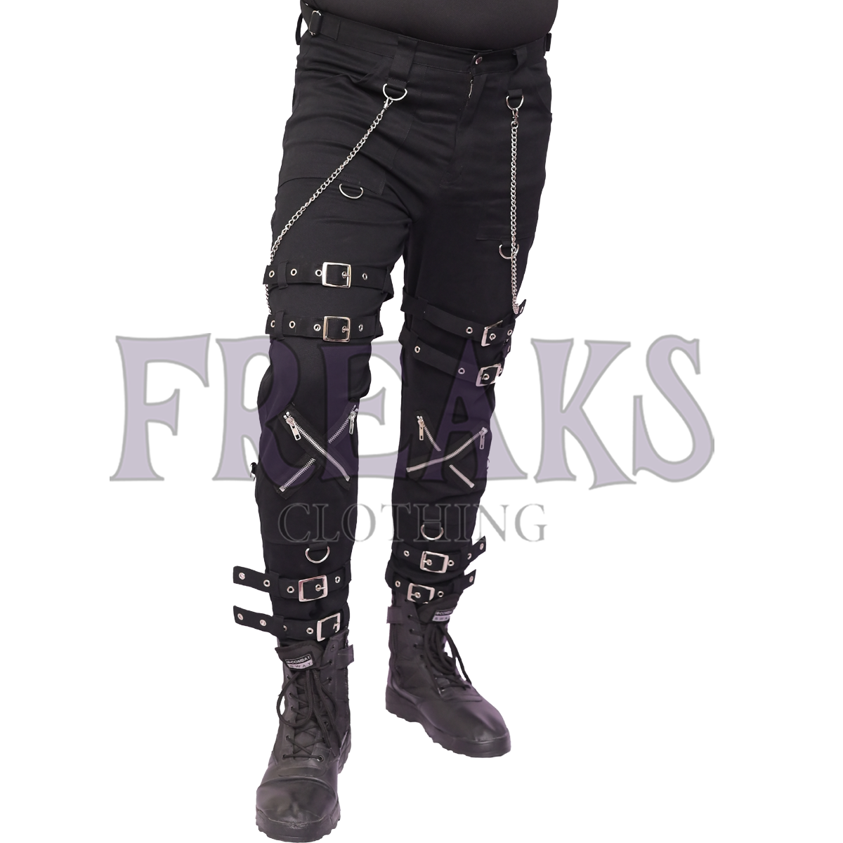 Men's gothic cross zip pants with straps and side lace-up detailing.