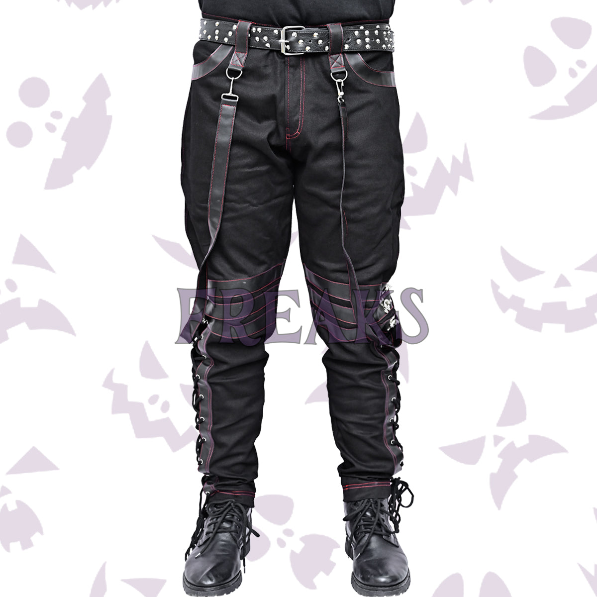 Men's black gothic punk pants with red contrast stitching and side lace-up details.