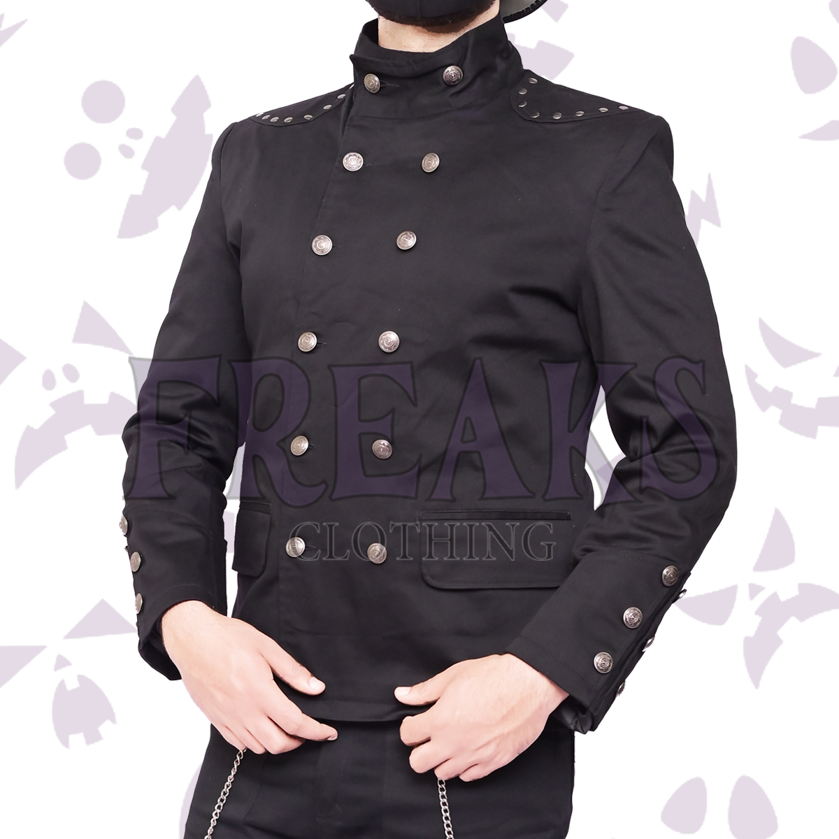 Black gothic military jacket with double-breasted silver buttons and studded shoulders