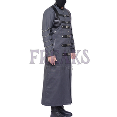 Grey gothic military long coat with a high collar, prominent buckles, faux leather panels, and chains. 