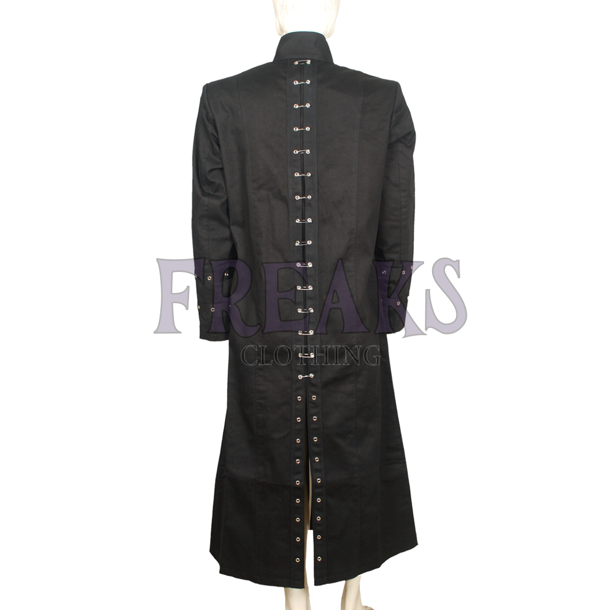 Men's Hellraiser cosplay coat: black, with a high collar and numerous silver metal fastenings