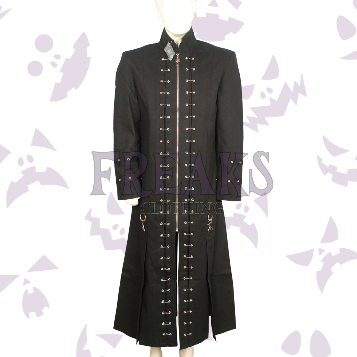 Black gothic long coat inspired by Pinhead, with a full zipper and horizontal metal hooks/loops