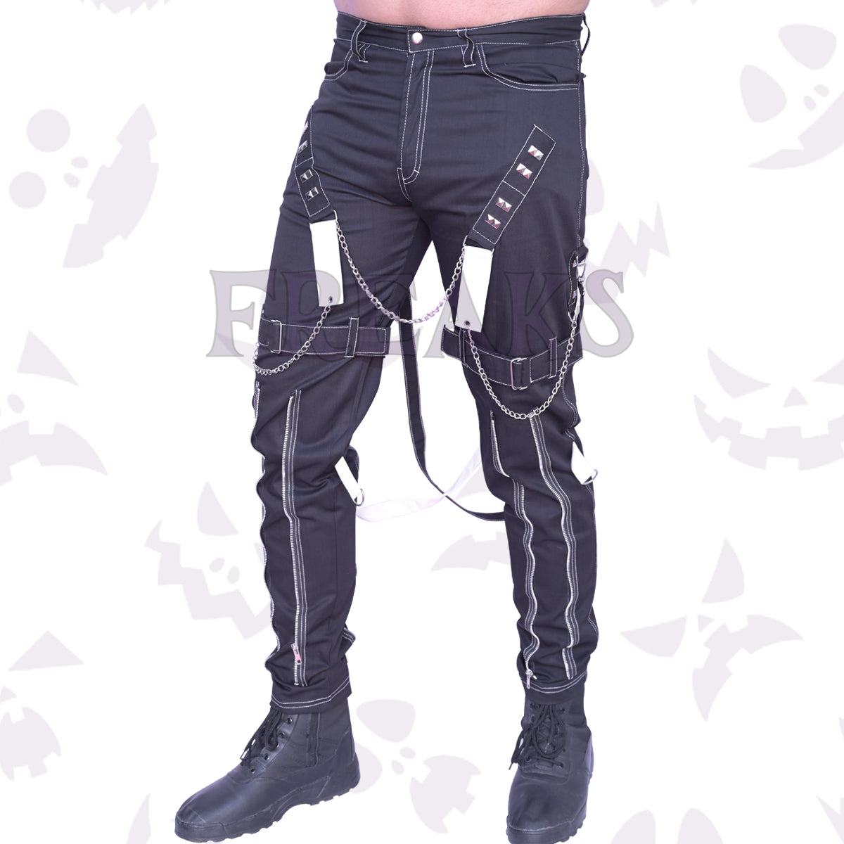 Front view Men's Black punk gothic pants featuring contrast white stitching, studded straps, hanging chains, and zipper accents