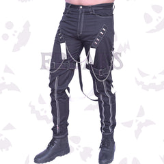 Front view Men's Black punk gothic pants featuring contrast white stitching, studded straps, hanging chains, and zipper accents