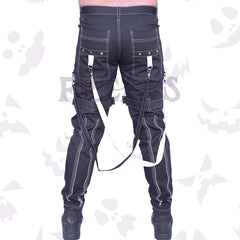 Back view of Men's Black punk gothic pants featuring contrast white stitching, studded straps, hanging chains, and zipper accents