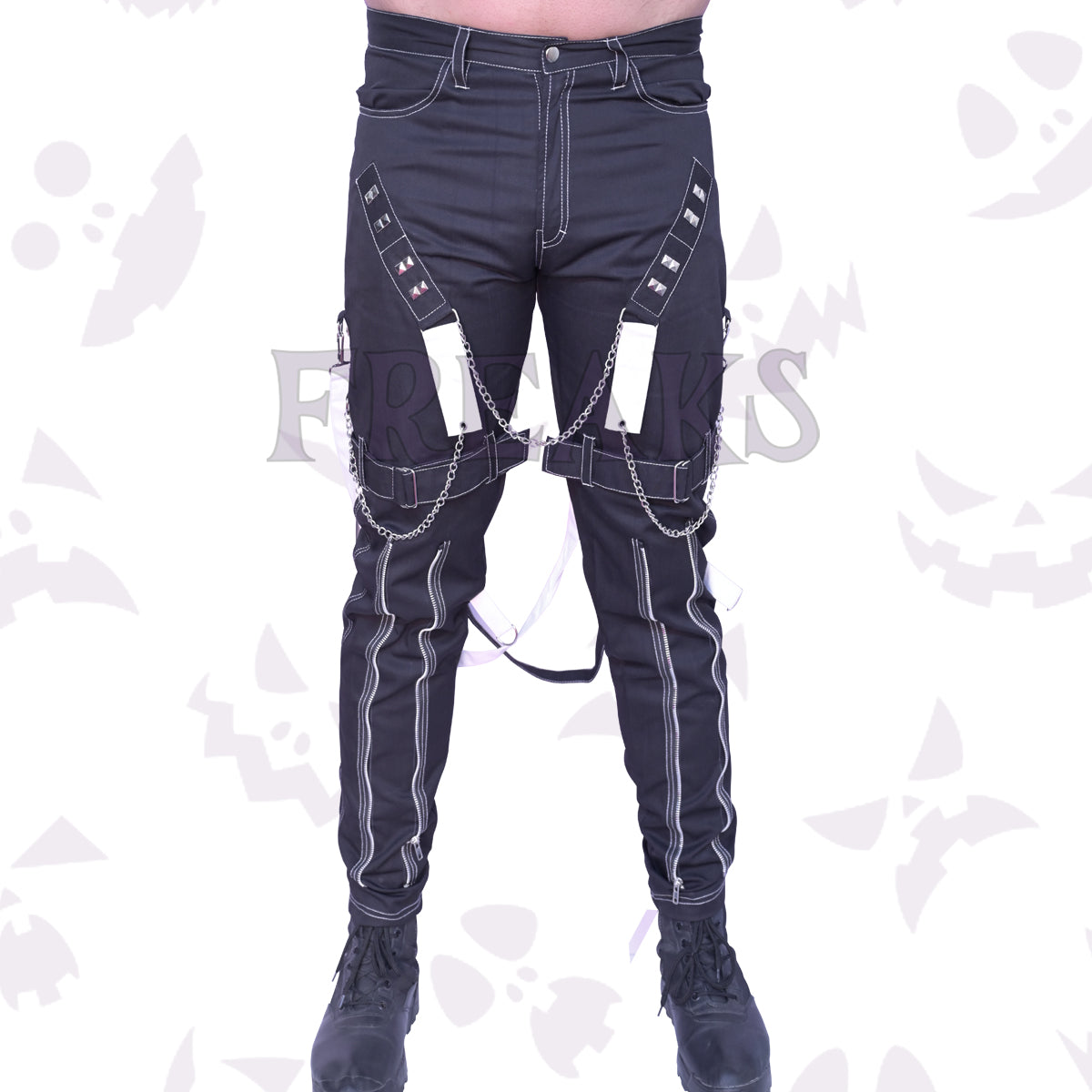 Men's studded slim fit punk pants featuring metal chains and white contrast stitching.