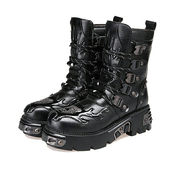 Punk Mens Motorcycle Leather Boots | Gothic Military Combat Black